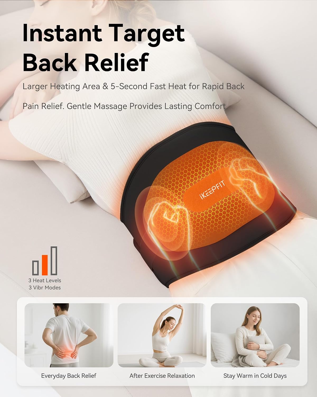 IKEEPFIT Portable Heating Pad for Back, Cordless Wearable Heat Belt with Massager for Lower Back Pain Relief, Battery Powered 8000 mAh Rechargeable, MAXwarm® 3.0, Gift for Women Men 90-310 lbs