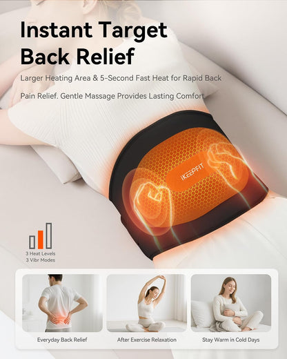 IKEEPFIT Portable Heating Pad for Back, Cordless Wearable Heat Belt with Massager for Lower Back Pain Relief, Battery Powered 8000 mAh Rechargeable, MAXwarm® 3.0, Gift for Women Men 90-310 lbs
