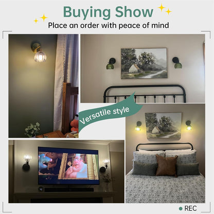 Shenmoyl Vintage Battery Operated Wall Sconce with Green Tulip Glass Lampshade Rechargeable Battery Powered Wall Light with Remote Control for Bedside Bedroom Doorway