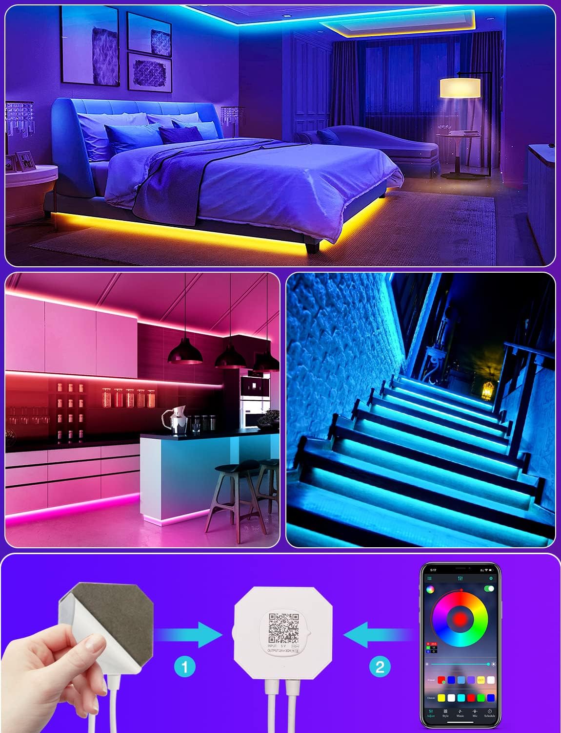 Daymeet Motion Sensor LED Strip Lights, 16.4ft RGB Motion Activated Under Bed Lights with Automatic Shut Off Timer App Control Cabinet Night Light Closet Lights for Hallway, Kitchen,Bedroom