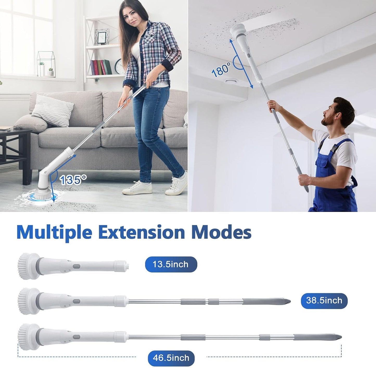 Qimedo Electric Spin Scrubber Q3, 6000mAh, Extra-Large Brush Head, 1200RPM | Floor Scrubber Machine with Long Handle, Cordless Cleaning Brush, 8 Brush Heads and Smart Display for Showers, Tubs and Tile