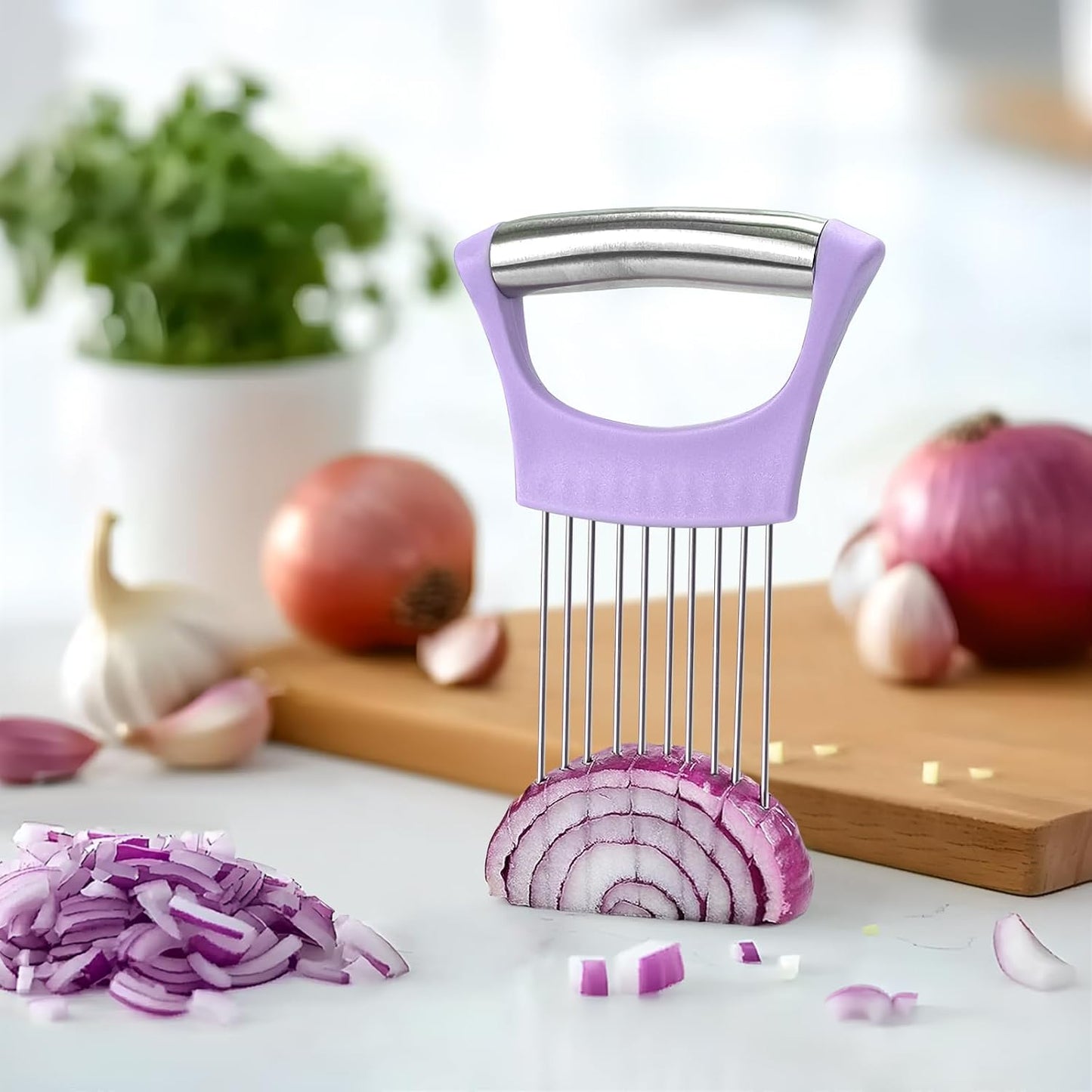 Stainless Steel Onion Holder for Slicing,Onion Slicer Holder,Kitchen Gadget | Purple Onion Slicer Holder, Onion Cutter for Slicing of Onions, Tomatoes, Avocados, Eggs and Other Vegetables