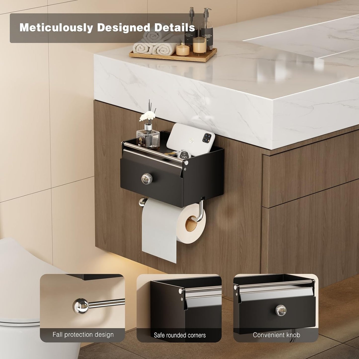 Voldra Toilet Paper Holder with Shelf, Flushable Wipes Dispenser for Bathroom, Adhesive Toilet Paper Roll Holder with Storage Wall Mount Stick On Bathroom Tissue Holder Front Flip Design (Matte Black)