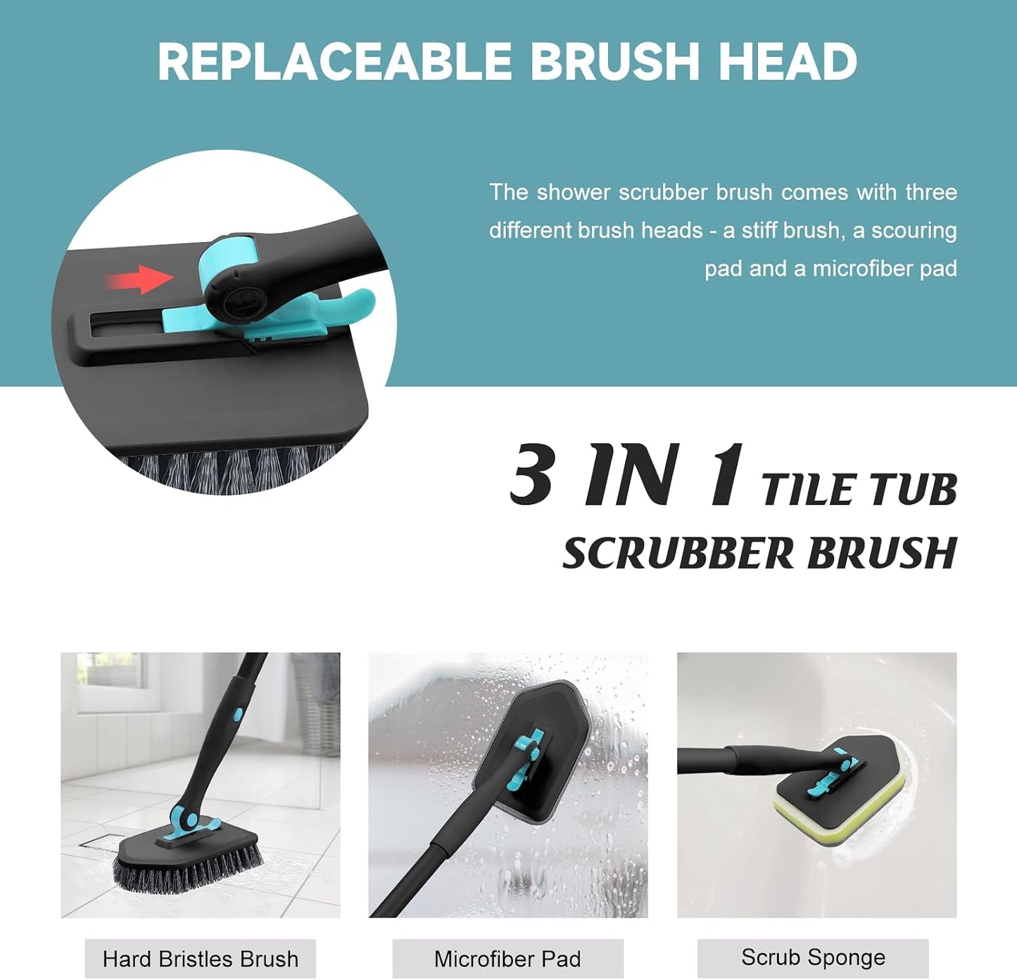 nacena Shower Scrubber with Long Handle, 4 in 1 Tile Tub Scrubber Brush with 3 Detachable Cleaning Heads and V-Shaped Grout Brush Shower Cleaner Brush for Bathroom Kitchen Toilet Tub Sink Wall, Black
