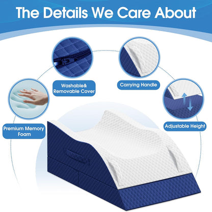 TranquilRelax Leg Elevation Pillows for After Surgery, Wedge Pillow, Grey | Memory Foam, All-around Knee & Ankle Support for Swelling, Height-adjustable, Nop-Slip Bottom, Washable Cover, Single-leg