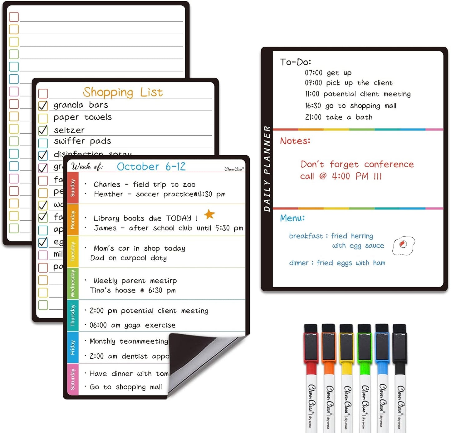 Magnetic Dry Erase Weekly Calendar for Fridge - Large 17"x12" Magnetic Weekly Planning Board with Hourly Time Slots - 6 Extra Fine Point Markers Included