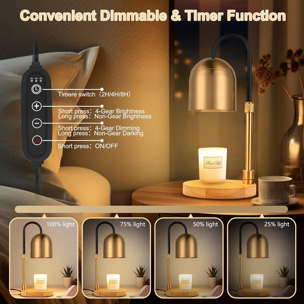 Candle Warmer Lamp with Timer & 3 Bulbs, Dimmable Electric CandleLight Adjustable Height and Brightness Candle Wax Warmer for Jar Candles Bedroom Home Decor House Warming Gift for Women (Round Gold)