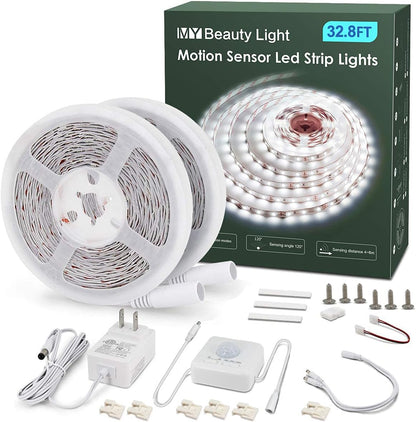 MY BEAUTY LIGHT Motion Activated LED Strip Lights, 16.4ft LED Light Strip with Day or Night 2 Lighting Modes, 3 Timing Off Modes, Bright White 12v Plug-in LED Rope Lights for Under Cabinet, Kitchen