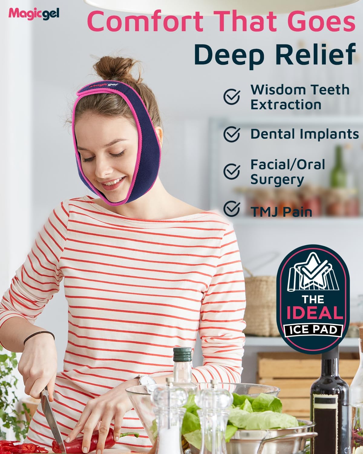 Magic Gel Wisdom Teeth Face Ice Pack - Reusable Hot & Cold Compress for Face Jaw Chin TMJ - Adjustable Compression - Head Ice Pack - Durable Design for Hands Free Application