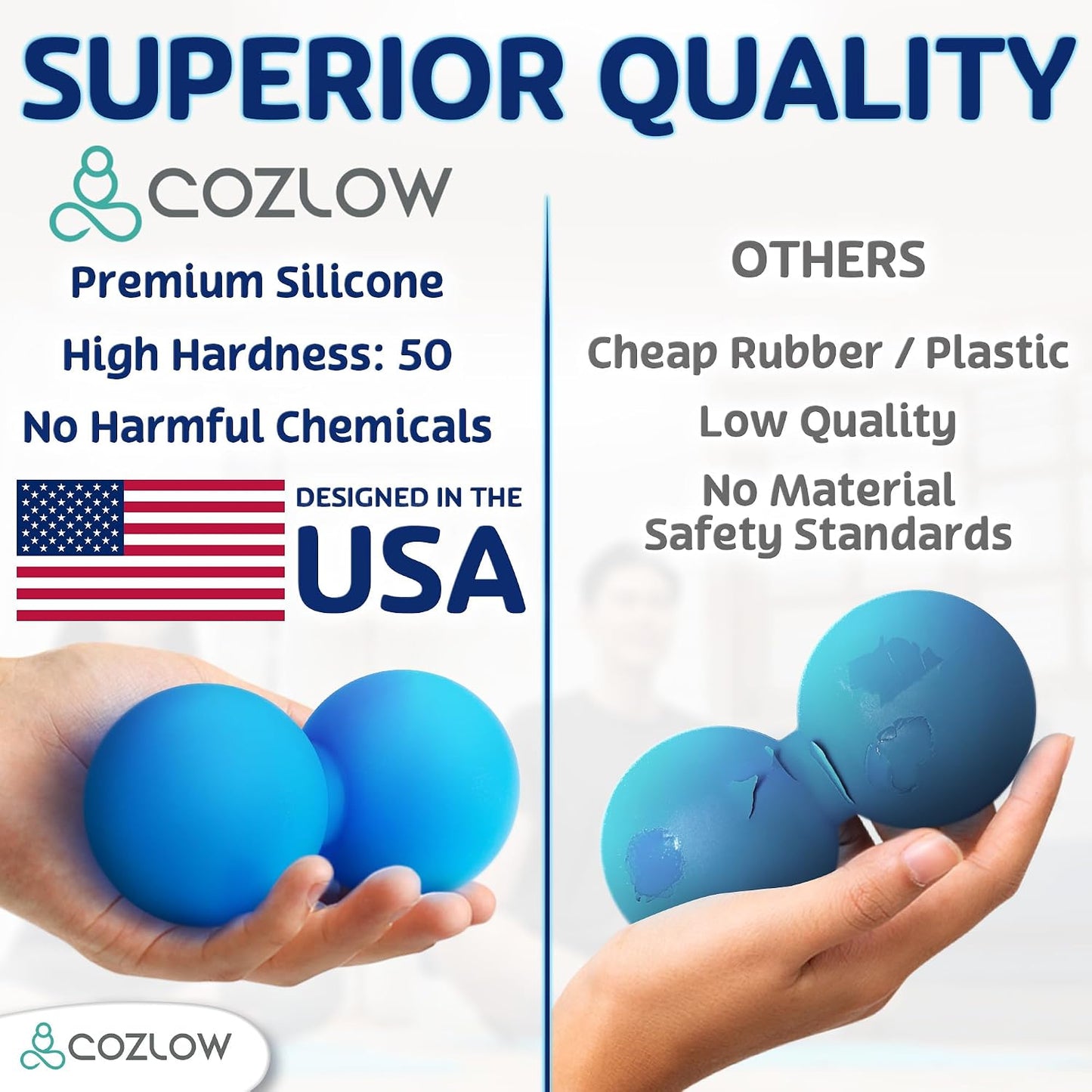 COZLOW Peanut Massage Ball - Deep Tissue Therapy, Pain Relief - Cobalt Blue | Cozlow 5" double lacrosse silicone massage ball, trigger point roller for mobility, acupressure tool for myofascial release