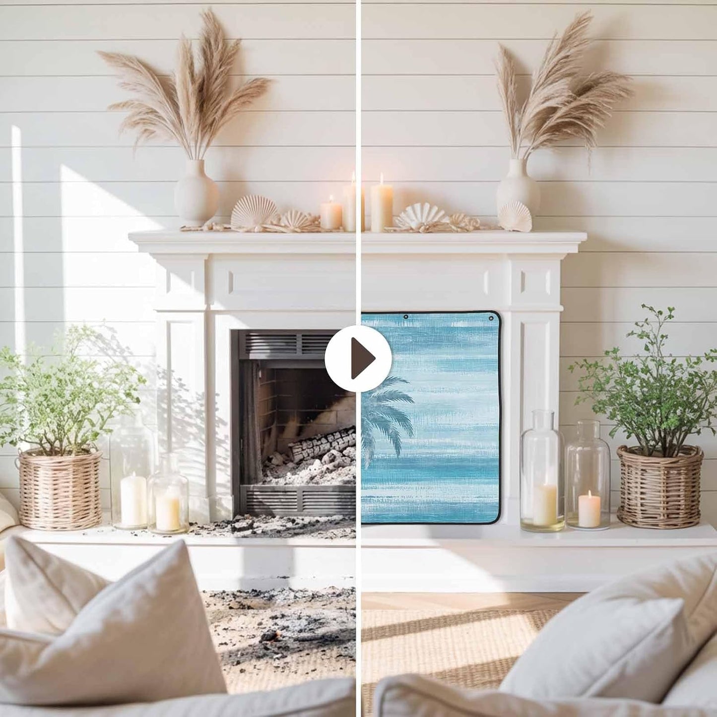 Magnetic Fireplace Cover Beige Summer Palm Tree Fireplace Screen Decorative Tropical Leaves Plant Insulation Fireplace Blocker Save Energy Fireplace Draft Stopper Covers for Living Room 45x34 Inch