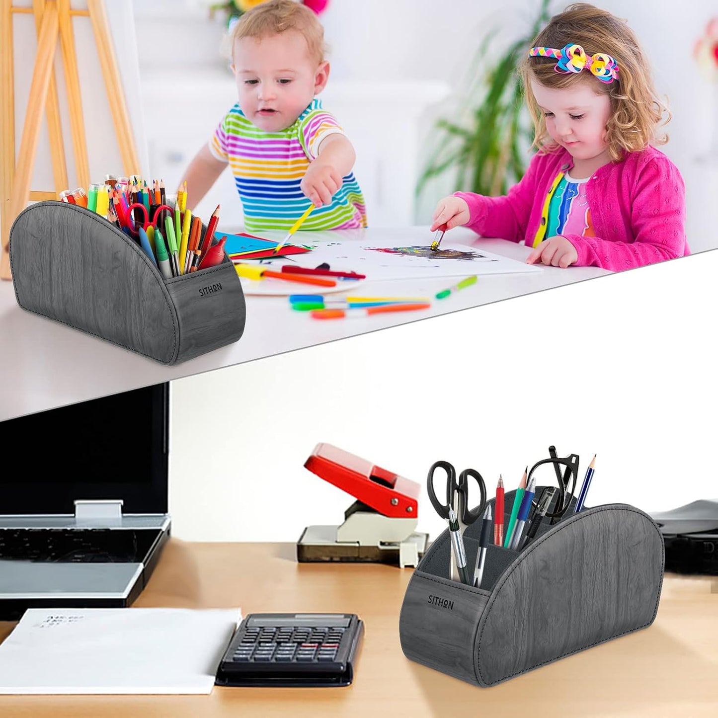 SITHON Remote Control Holder with 5 Compartments | PU Leather Remote Caddy Desktop Organizer Store TV, DVD, Blu-Ray, Media Player, Heater Controllers, Stripe Black