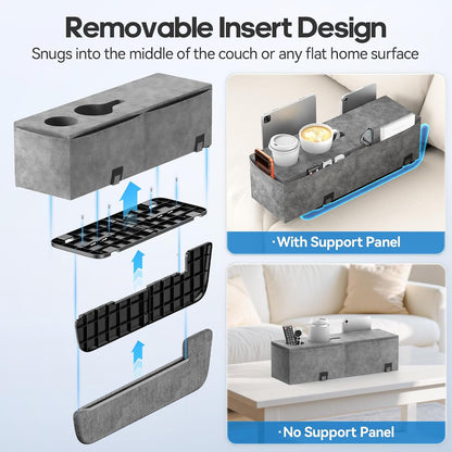 Removable Sofa Armrest Couch Caddy with Cup Holder Insert Between Cushions | Sofa Accessories Storage, Couch Armrest Pillow Table with Drink Holder