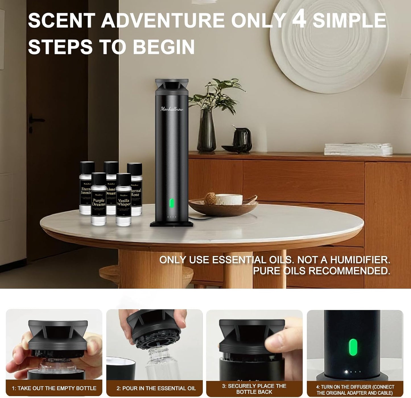 Waterless Scent Diffuser Starter Kit – 1000 Sq Ft Coverage, Suitable for Home & Hotel Series Diffuser, Includes 5 Scent Oils, Remote Control, Large Room Essential Oil Diffuser, Ultra Black