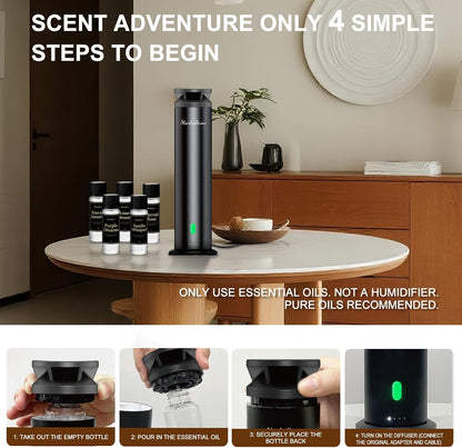 Waterless Scent Diffuser Starter Kit – 1000 Sq Ft Coverage, Suitable for Home & Hotel Series Diffuser, Includes 5 Scent Oils, Remote Control, Large Room Essential Oil Diffuser, Ultra Black