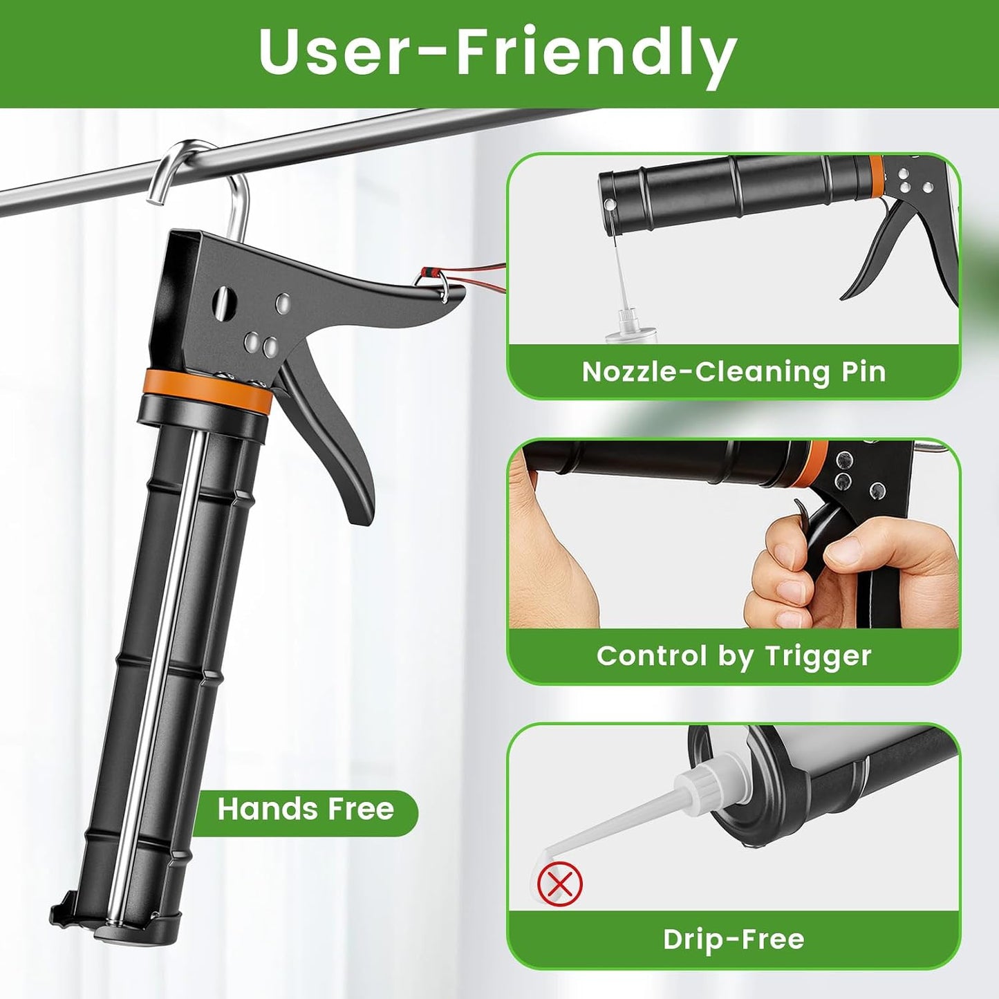 Professional Caulk Gun Kit with Caulk Remover Tool & Putty Knife - 5 in 1 Caulking Tool Set for Caulking Removal, Shower & Bathroom Caulk, Includes Caulking Gun Tool, Caulk Scraper Tool Spackle Knife