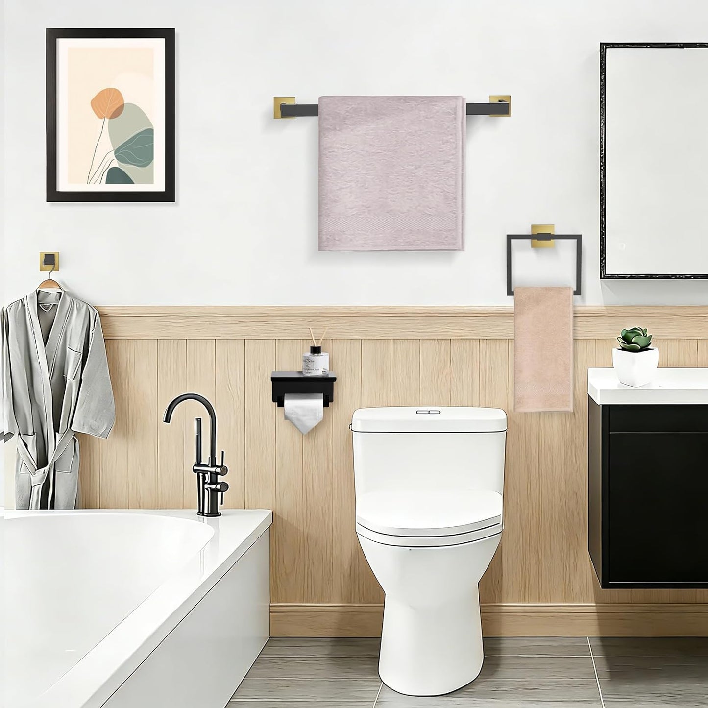 TURS Bathroom Hardware Set Black 4-Piece Towel Bar Set Include 24 Inch Towel Bar Hand Towel Holder Towel Hook Toilet Paper Holder with Shelf Wall Mounted Stainless Steel Bathroom Accessories Set