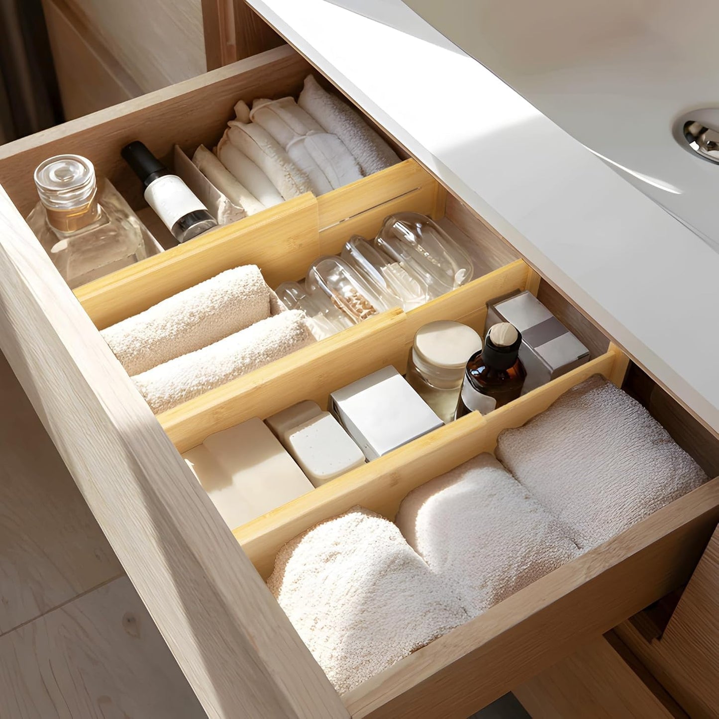 VaeFae 6-Pack Adjustable Bamboo Drawer Dividers, Expandable Drawer Organizer for Kitchen Utensils, Clothes, Bathroom, Office – Fits Drawer Interiors 16.6" to 21.8"
