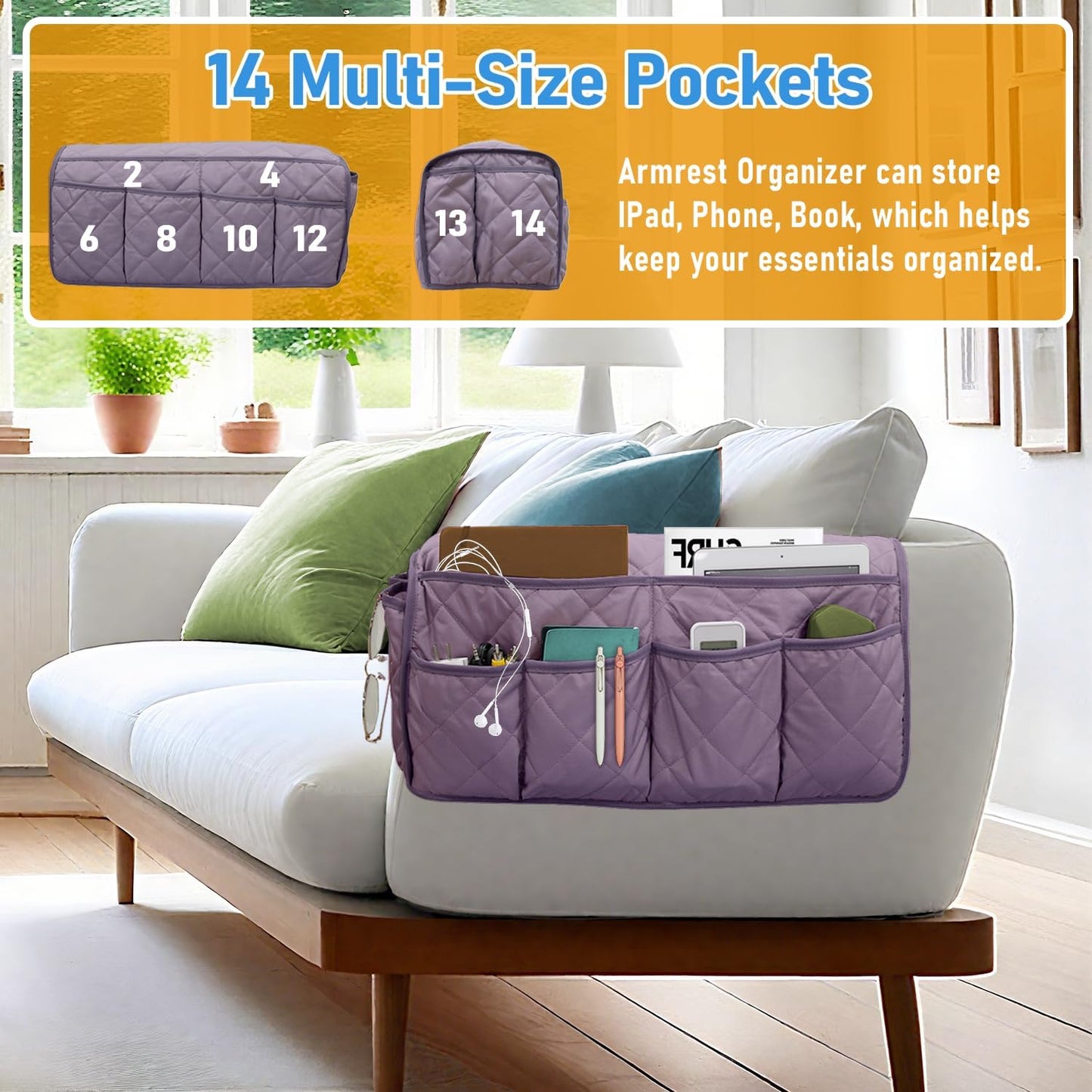 Armchair Caddy, Remote Control Holder for Recliners, Sofa Armrest Organizer, Non Slip Recliner Organizer, Couch Caddy with 14 Pockets Storage for TV Remote, Phone, Magazine (Brown)