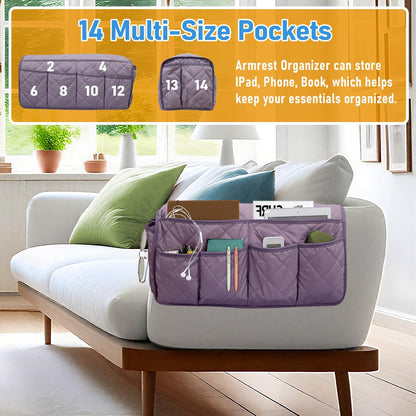 Armchair Caddy, Remote Control Holder for Recliners, Sofa Armrest Organizer, Non Slip Recliner Organizer, Couch Caddy with 14 Pockets Storage for TV Remote, Phone, Magazine (Brown)