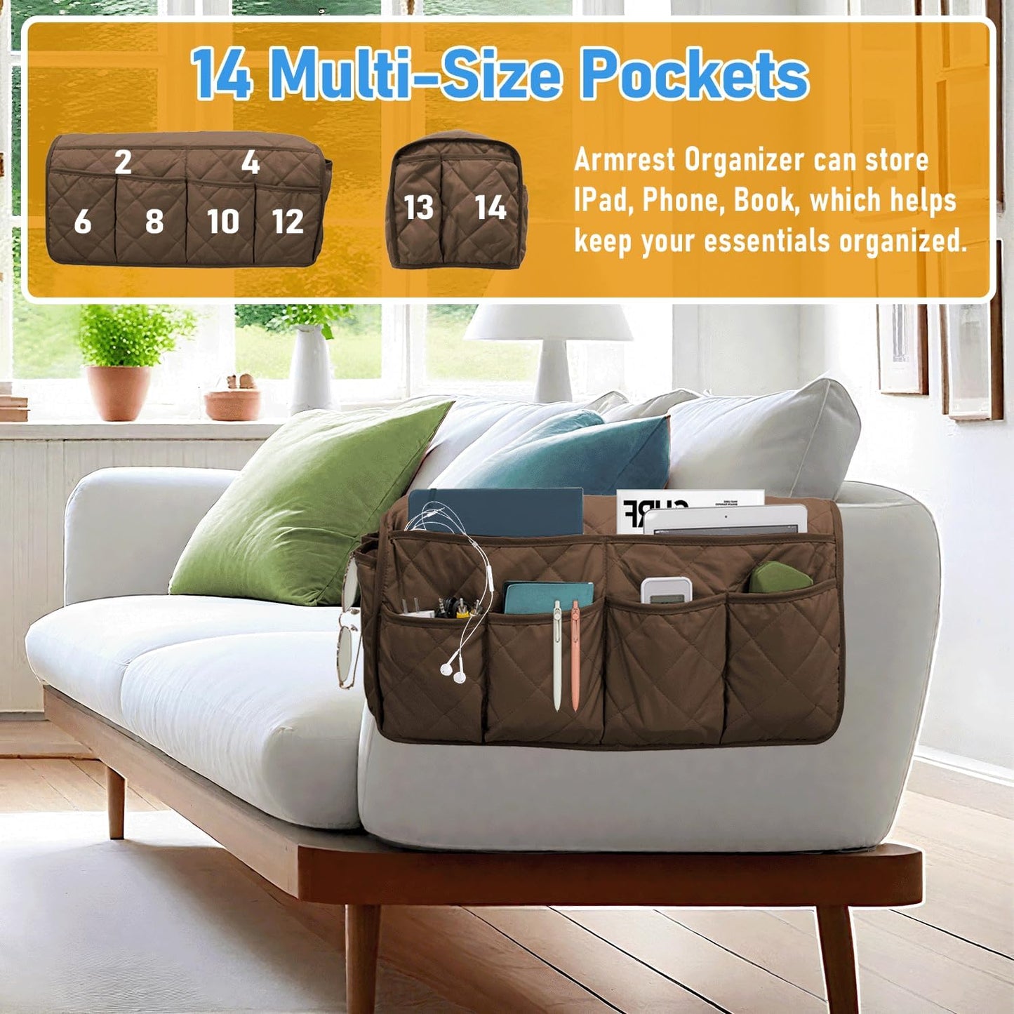 Armchair Caddy, Remote Control Holder for Recliners, Sofa Armrest Organizer, Non Slip Recliner Organizer, Couch Caddy with 14 Pockets Storage for TV Remote, Phone, Magazine (Brown)