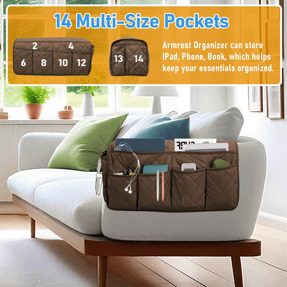 Armchair Caddy, Remote Control Holder for Recliners, Sofa Armrest Organizer, Non Slip Recliner Organizer, Couch Caddy with 14 Pockets Storage for TV Remote, Phone, Magazine (Brown)