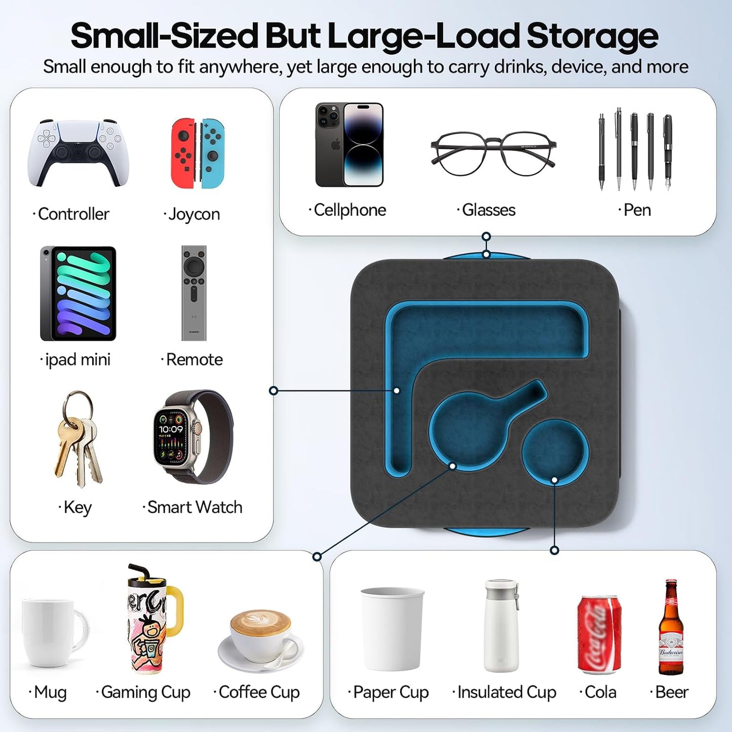 Couch Cup Holder Pillow, Sofa and Bed Caddy for iPad, Kindle, Switch, Game Controller, Remotes, Phones, Small-Sized Cup & Drink Holder for Couch, Bed, Desk, Car, Beach, Bathroom Cup Holder