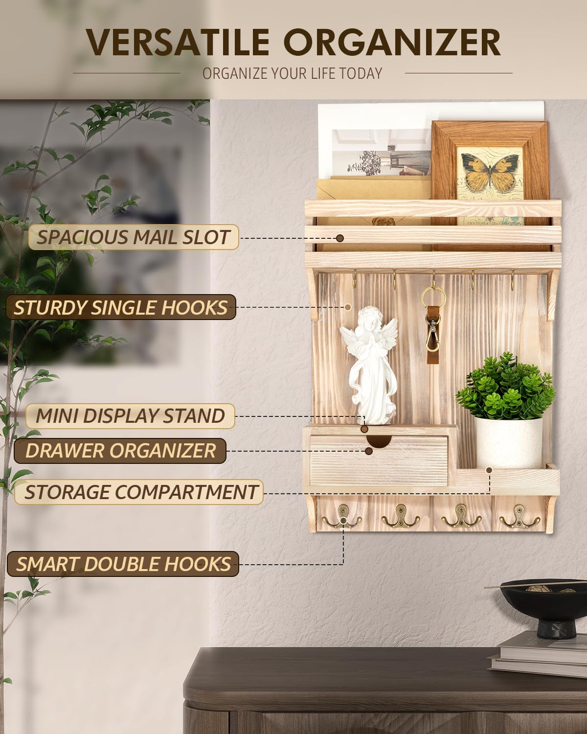 Rebee Vision Key Holder Wall Mount with Drawer Organizer for Entryway,Brown | Pine Wood, 6 Key Hooks, Display Shelf for Plants, Mail Slot for Storage Letter, Multi-Funtional Design, Home Storage
