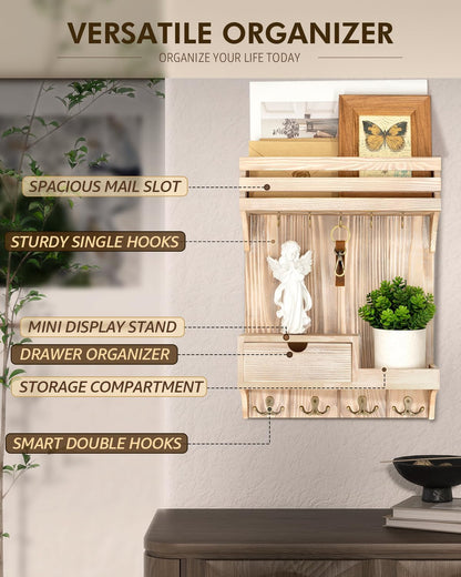 Rebee Vision Key Holder Wall Mount with Drawer Organizer for Entryway,Brown | Pine Wood, 6 Key Hooks, Display Shelf for Plants, Mail Slot for Storage Letter, Multi-Funtional Design, Home Storage