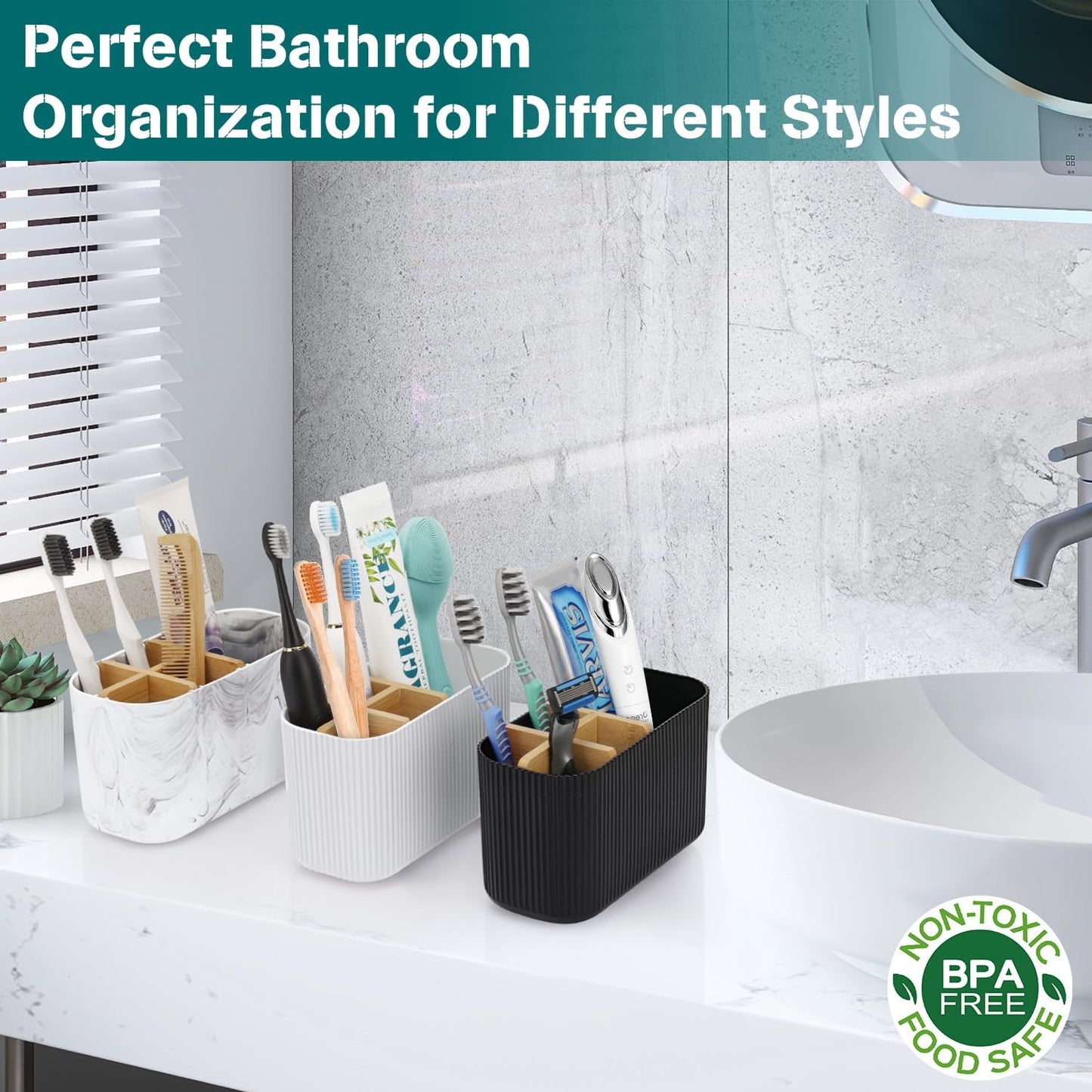 GFWARE Toothbrush Holders for Bathrooms - Bamboo Divider Toothbrush and Toothpaste Holder with Drainage, Kids Electric Toothbrush Organizer for Bathroom Countertop, White Tooth Brush Holder | 5 Slots Toothbrush and Toothpaste Holder with Bamboo Divider,