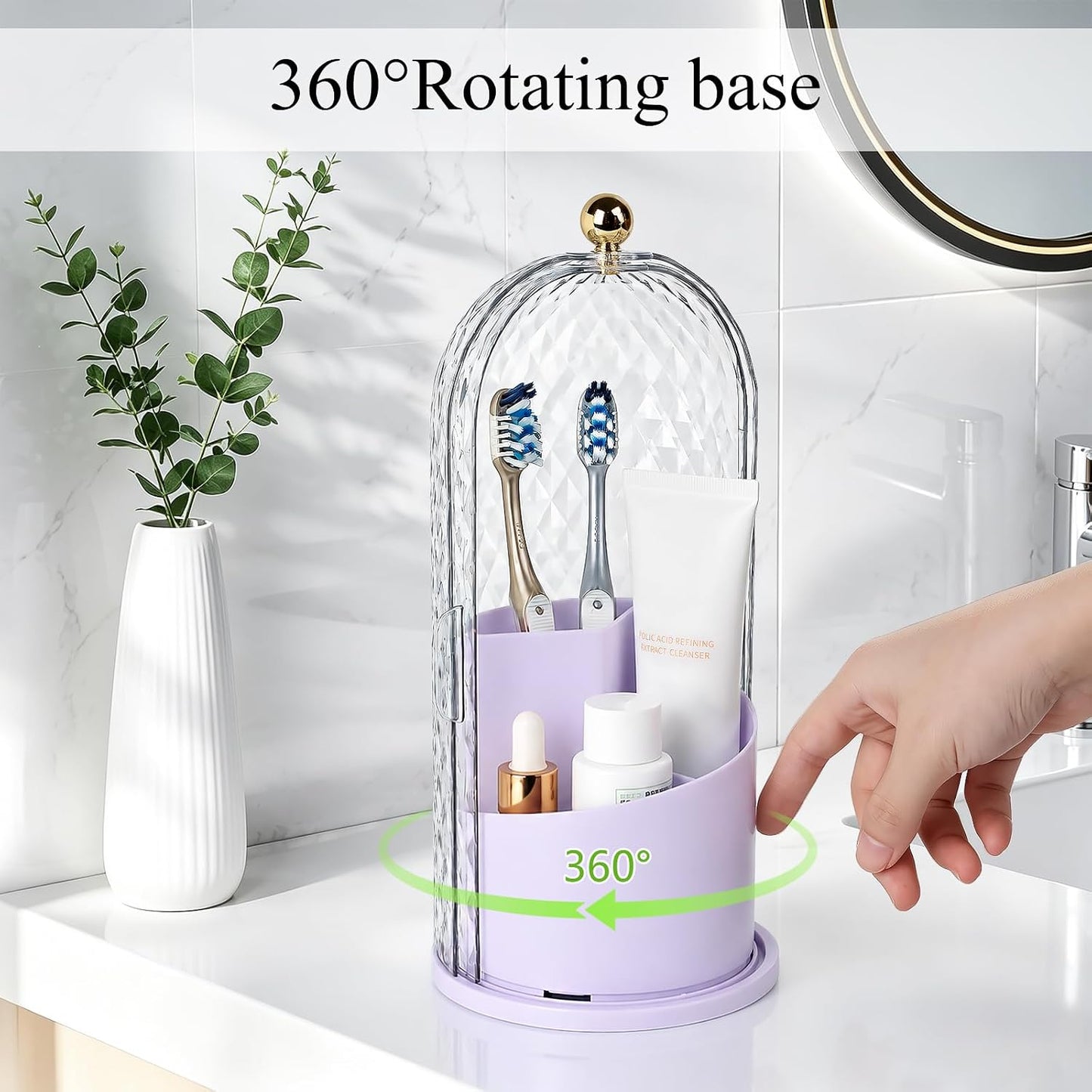 Toothbrush Holder with Cover for Bathroom Countertop, Organizer, White | Rotating 3 Slot Holder for Electric Toothbrushes, Toothpaste, Self Draining Vanity Organizer, Makeup Brush Storage