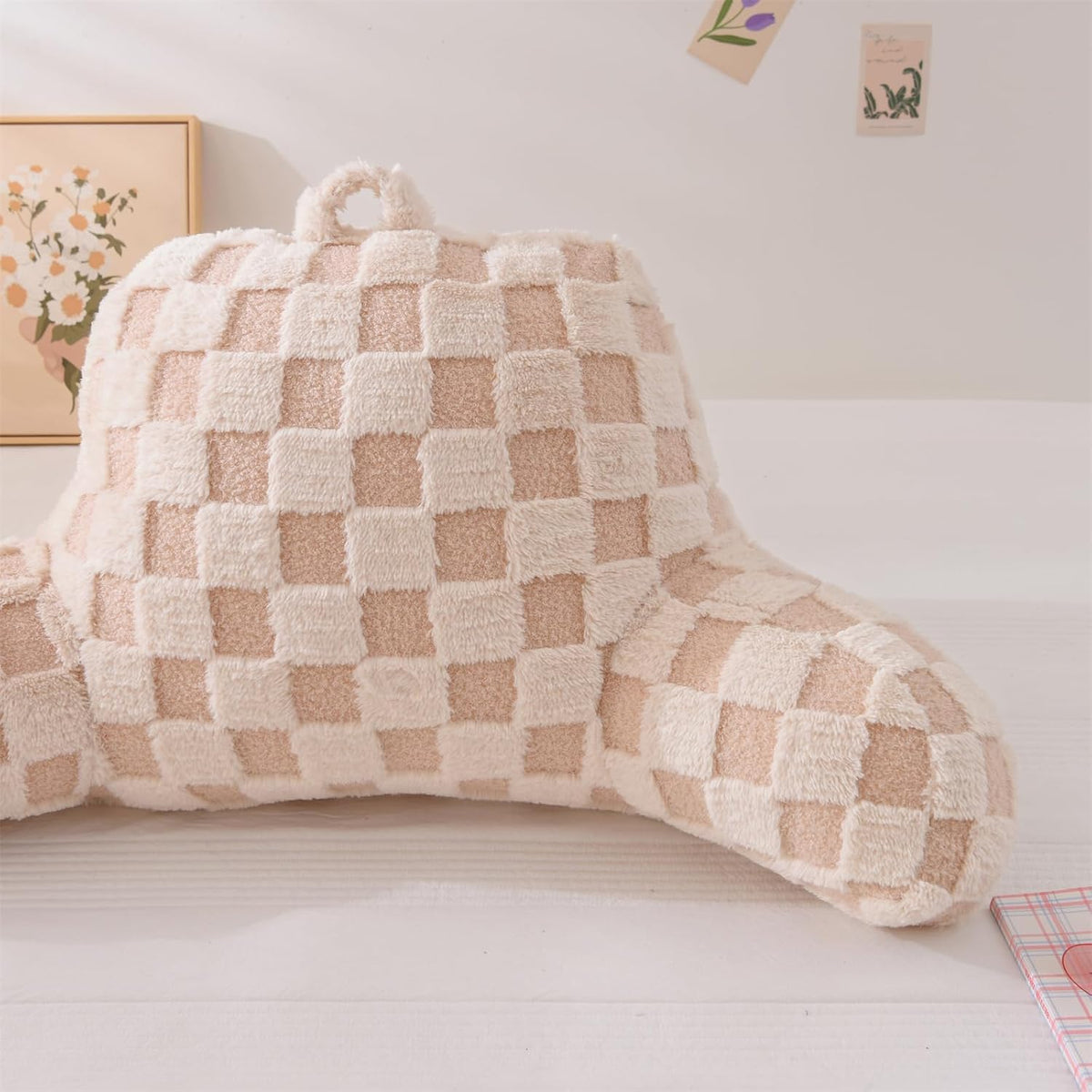 Aimuan Reading Pillow Checkered Bed Rest Wedge Backrest Checkerboard Pillow with Arms Back Support for Sitting Up in Bed Cushion Incline Rest Sleeping Snoring Pillow (Beige,Large)