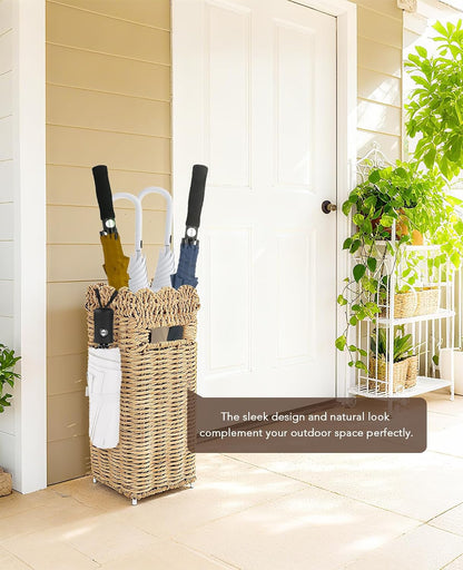 AceList Woven Umbrella Stand for Entryway, PE Rattan with Drip Tray | Scalloped cane holder for umbrellas, walking sticks & wrapping paper, farmhouse porch decor, removable base, sturdy 16.5 inch