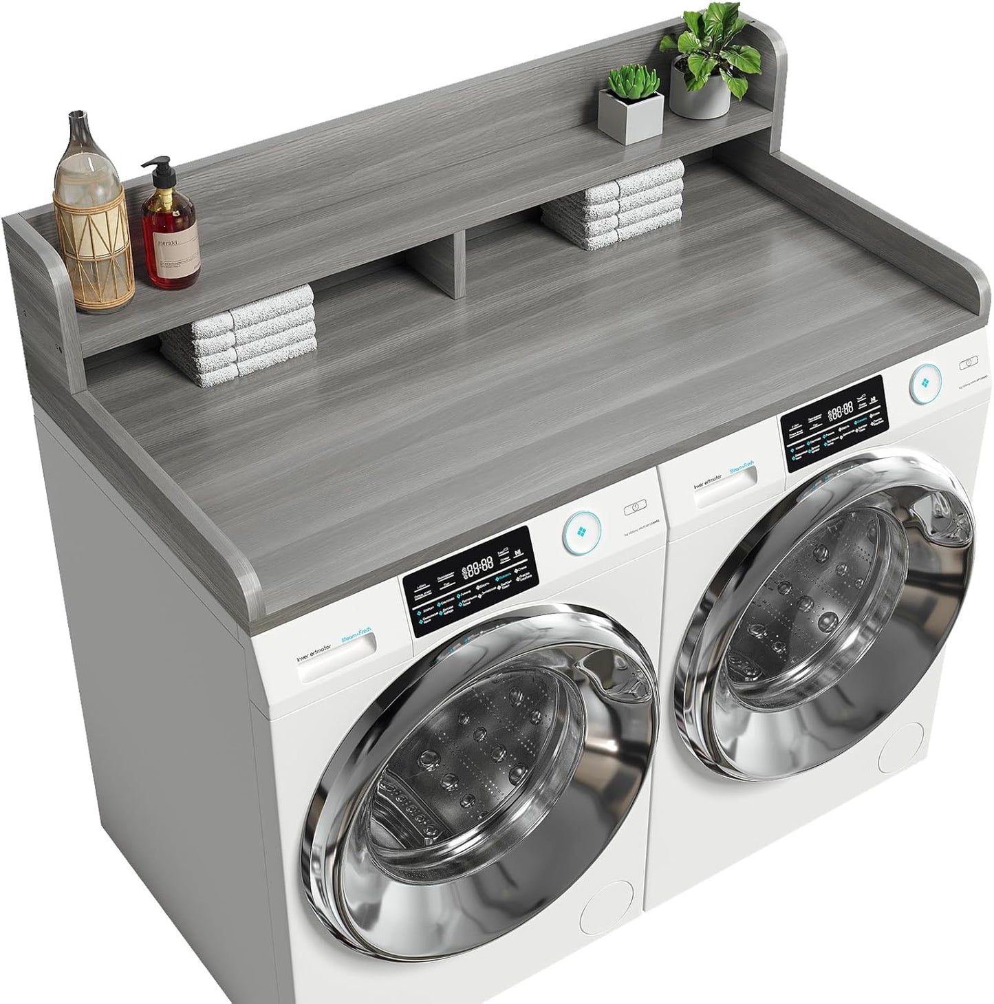 2-Tier Washer Dryer Countertop with 2.75" H Edge Rails, 54" W x 27.55" D Laundry Countertop for Folding Clothes, Washer and Dryer Topper with Non-Slip Pad (Dark Walnut)