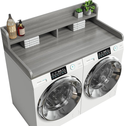 2-Tier Washer Dryer Countertop with 2.75" H Edge Rails, 54" W x 27.55" D Laundry Countertop for Folding Clothes, Washer and Dryer Topper with Non-Slip Pad (Dark Walnut)