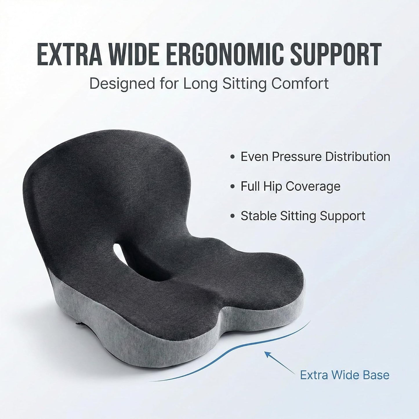 Seat Cushion Memory Foam with Ergonomic L-Shaped Extra Wide Support for Lower Back Relief, Comfort Cushion for Office Chair, Car Seat & Gaming Seat, Helps Sciatica Pain, Posture Improvement (Gray)