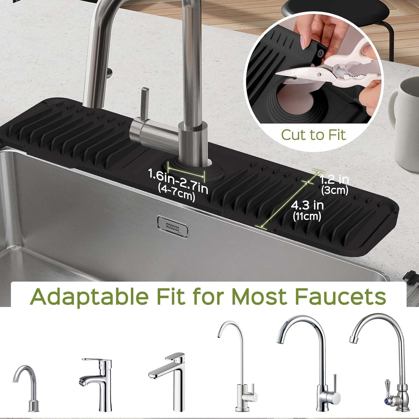 24 Inch Silicone Faucet Mat for Kitchen Sink Splash Guard – Upgraded Draining Mat with Water Tray Behind Faucet – Countertop Protectors to Catch Spills (Black, 24" x 5.5" )