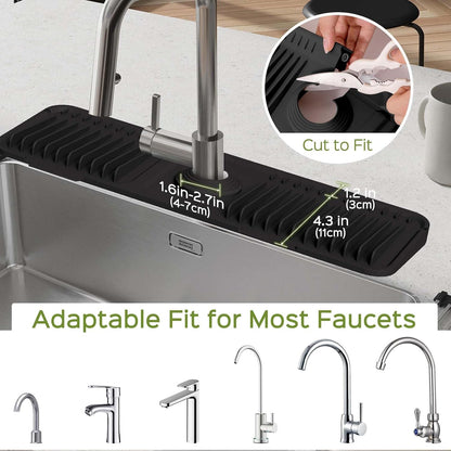 24 Inch Silicone Faucet Mat for Kitchen Sink Splash Guard – Upgraded Draining Mat with Water Tray Behind Faucet – Countertop Protectors to Catch Spills (Black, 24" x 5.5" )