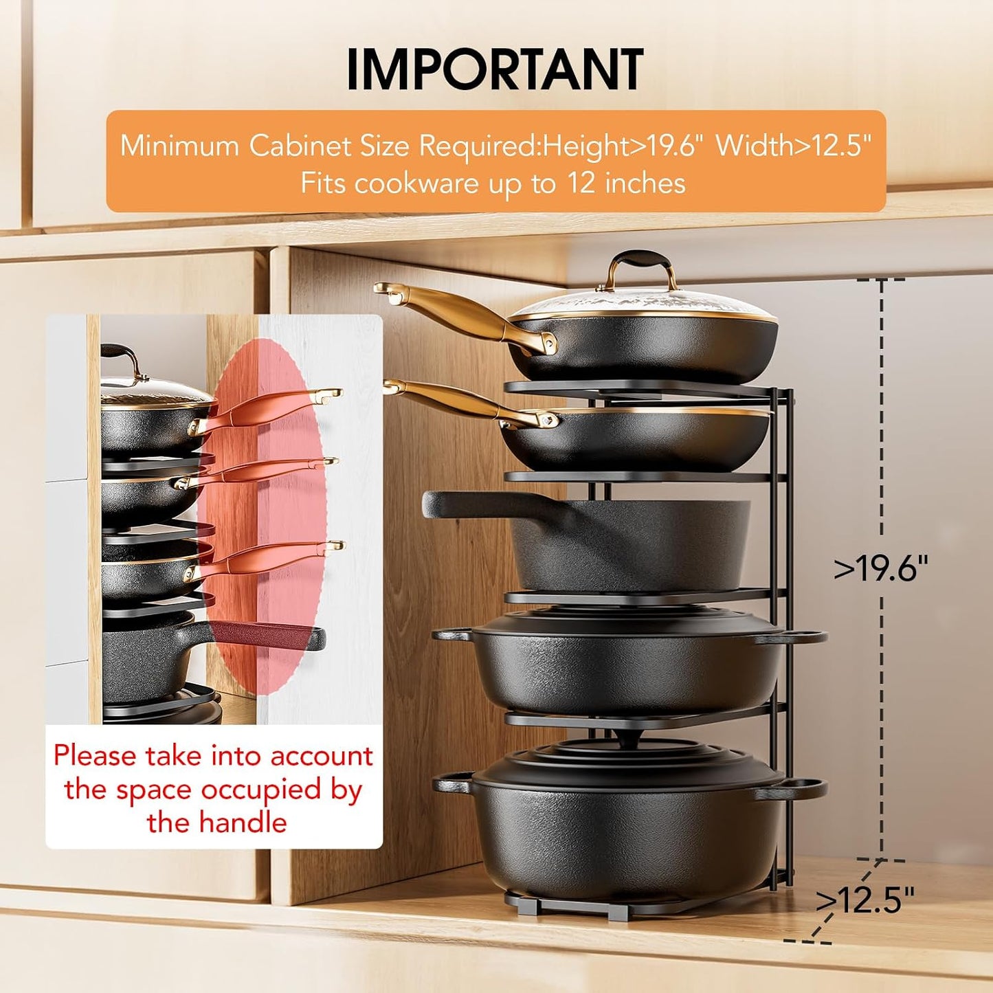 5-Tier Pot and Pan Organizer 13.6", No Assembly Cookware Rack 1-Pack | One-piece Design, Multi-height Layered,Anti-Tip Structure, Dual Vertical & Horizontal Use, Fits Cast Iron Pans & Dutch Ovens
