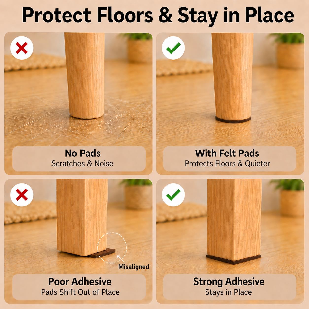 Felt Furniture Pads, 104 Pcs Self Adhesive Floor Protectors for Chairs | Protects Hardwood Floors from Scratches, Reduces Noise, Fits Furniture Feet, Tables, Cabinets & Sofas – 104 Pcs Mixed Sizes