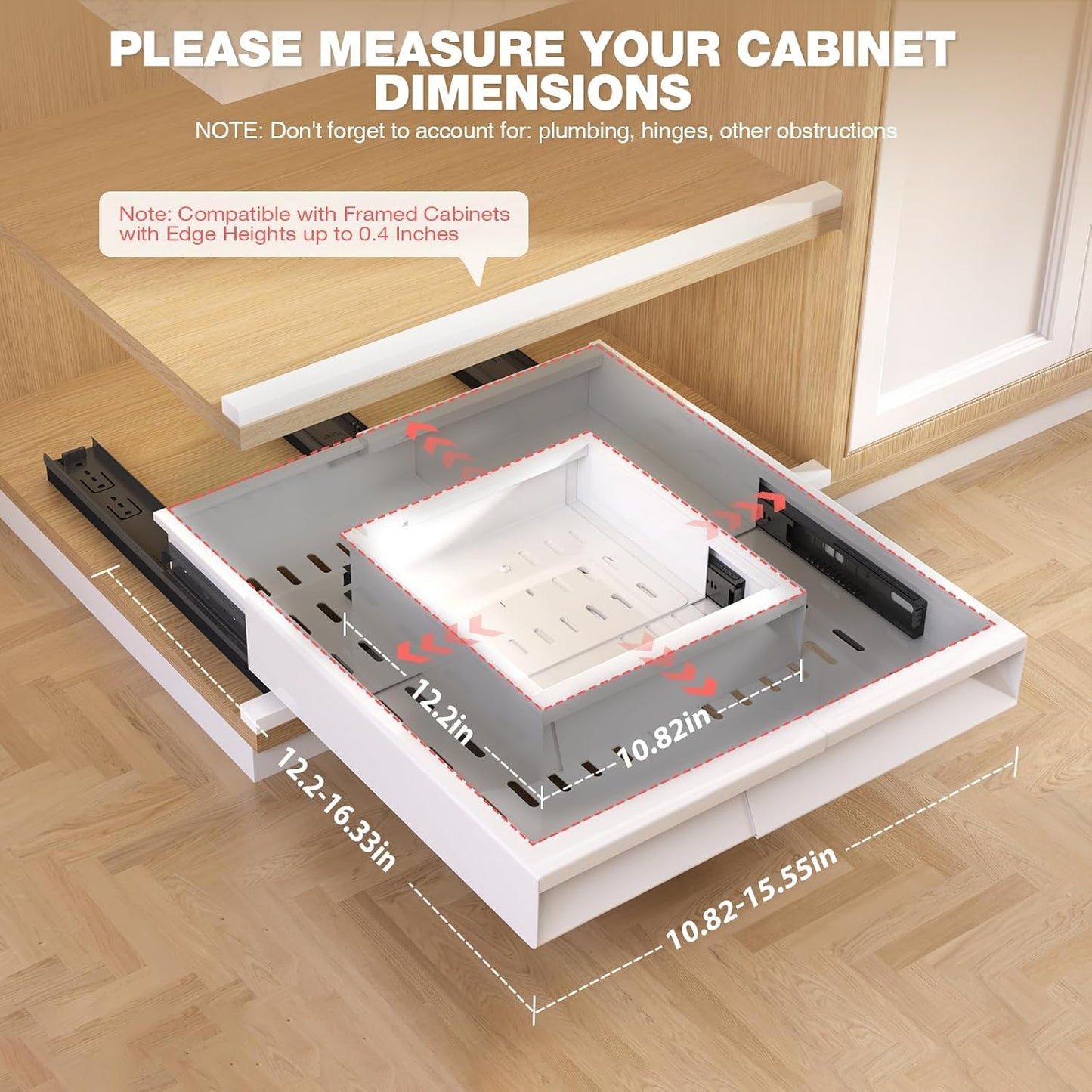 Seinloes Pull Out Cabinet Organizer, 4-Side Expandable to Fit Most Cabinets, 3 Rail Slide Out Drawers with Raising Pad for Framed & Frameless Cabinets, 13"-21" W x 17"-24" D, White, 2 Pack