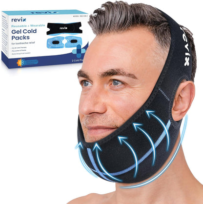 REVIX Wisdom Teeth Ice Pack Head Wrap for Face, Jaw & Chin Relief, Black | For Oral Surgery, Tooth Extraction, TMJ & Teeth Removed, 4 Reusable Hot & Cold Gel Packs, 3D Snug Fit