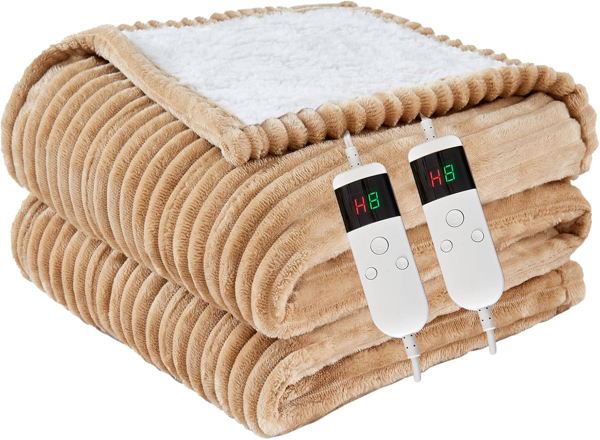 Heated Blanket Electric Throw, Soft Flannel Heating Blanket with 8 Hours Auto Off 10 Fast Heating Levels Machine Washable Sherpa Heated Blanket with Overheating Protection