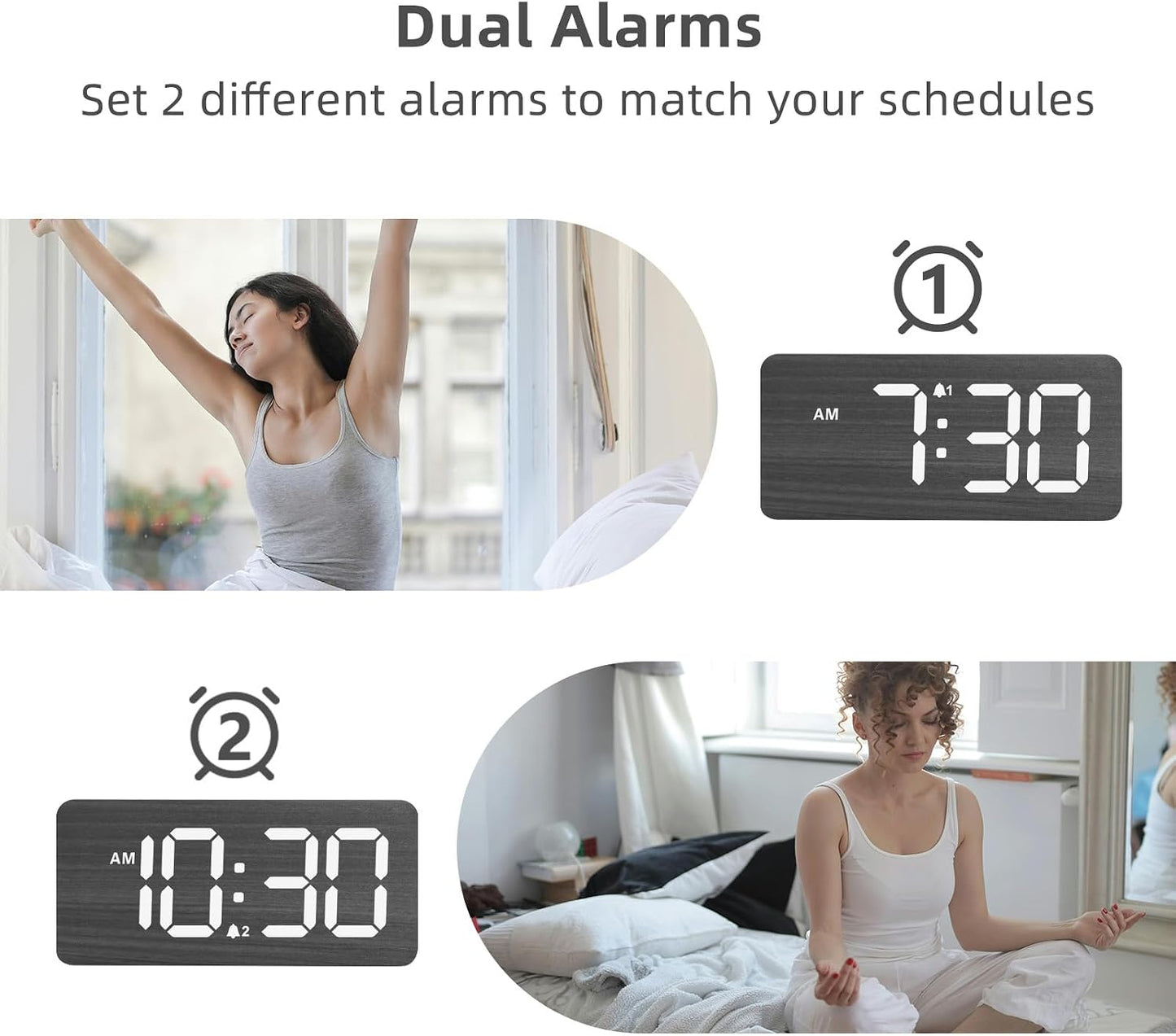 uscce Wooden Digital Alarm Clocks for Bedrooms with 0-100% Dimmable Display | Desk Clock with Large Numbers for Living Room - Loud Dual Alarm for Heavy Sleepers with Volume Control - Wood Decor & Gifts