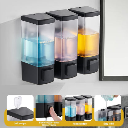 Pollock Shampoo and Conditioner Dispenser,Black 3 Chamber * 500ML | Shower Soap Dispenser Wall Mounted, Body Wash Dispenser No Drill,Refillable Shower Dispenser for Bathroom,Hotel,Public Place