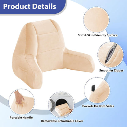 Reading Pillows for Sitting in Bed Adult, Back Pillow for Bed Sitting Up, Backrest Pillows with Shredded Foam for Adult&Teens, Support Pillow with Arms for Beds, Couch, Floor, 24in, Beige