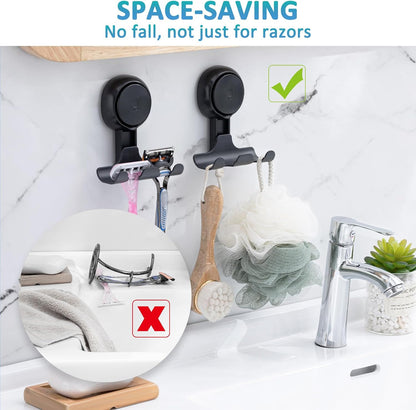 TAILI No Drill Powerful Suction Cup Razor Holder for Shower 2 Pack, Black | Waterproof, Towel, Loofah, Shaver Holder for Shower Wall, Powerful Suction Cup Hooks for Bathroom, Easy to Install and Reuse