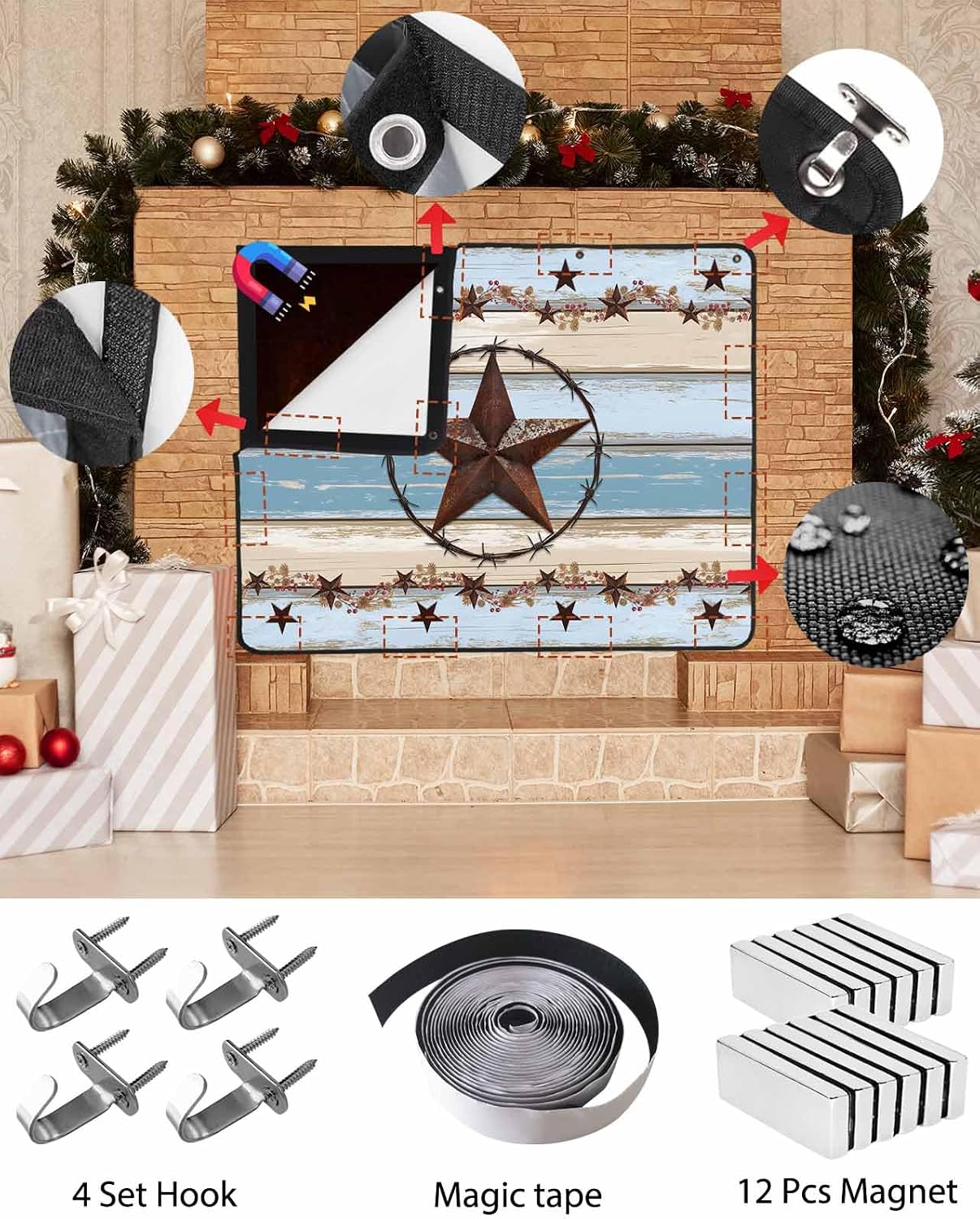 Magnetic Fireplace Cover Texas Star Teal Blue Fireplace Screen Decorative Farm Wood Grain Insulation Fireplaces Blocker Blanket Save Energy Fireplaces Draft Stopper Covers for Living Room 39x32 Inch