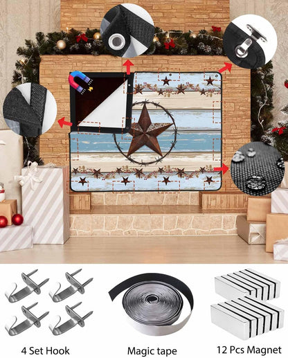 Magnetic Fireplace Cover Texas Star Teal Blue Fireplace Screen Decorative Farm Wood Grain Insulation Fireplaces Blocker Blanket Save Energy Fireplaces Draft Stopper Covers for Living Room 39x32 Inch