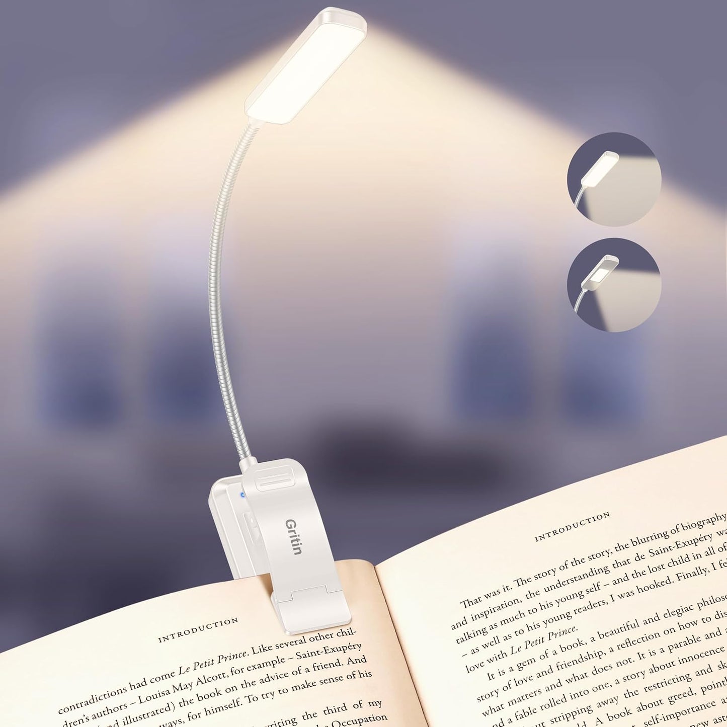 Gritin 2026 Gen 2 Book Light for Reading- 30 Eye Caring Full Spectrum LED | 5 Colors & 5 Brightness, Adjustable Wide/Narrow Beam, Upgrade 1500mAh Long-Lasting Rechargeable Clip on Light for Book Lovers